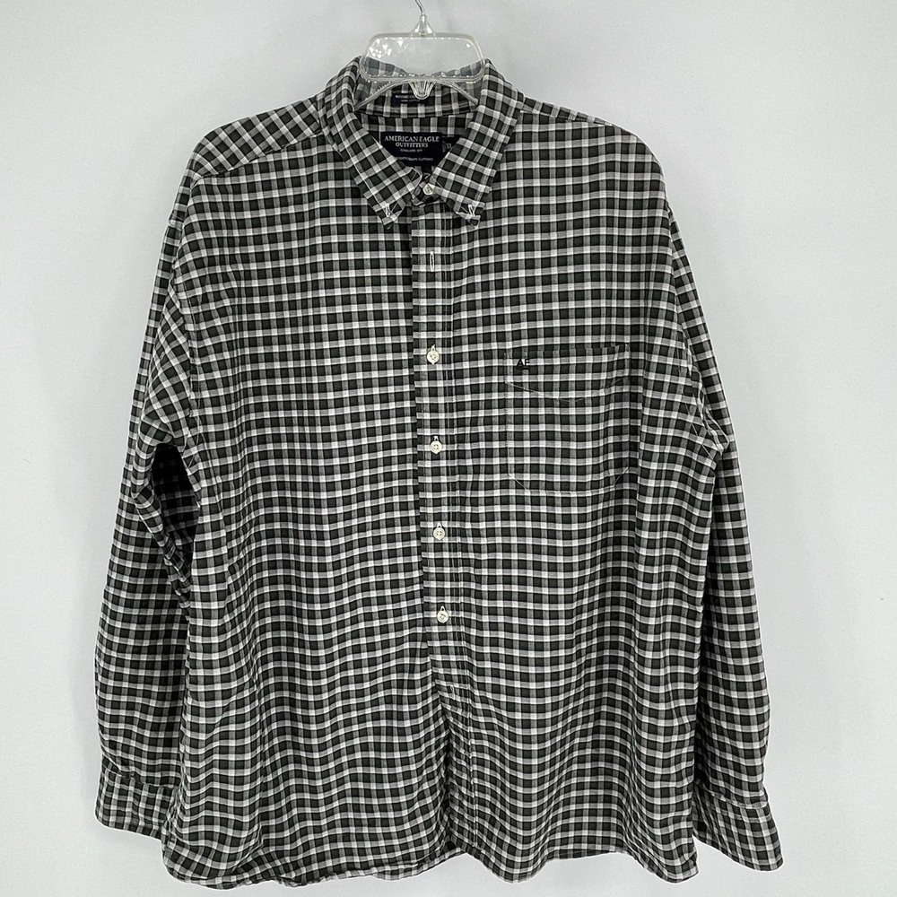 American Eagle Outfitters Men's Black White Plaid Long Sleeve Shirt Size XL